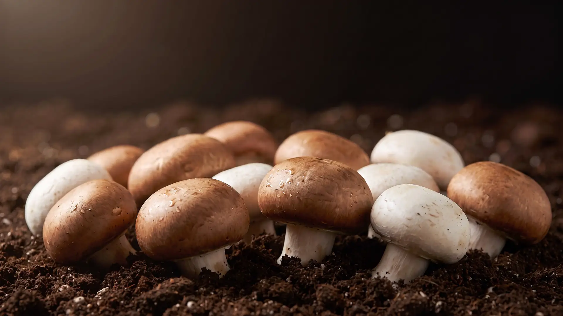 A full cluster of chestnut and white mushrooms ready to pick